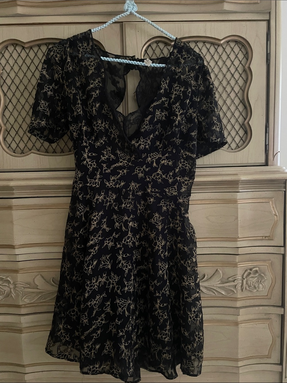 Free People Black Mini Dress with Cream Floral Embroidery